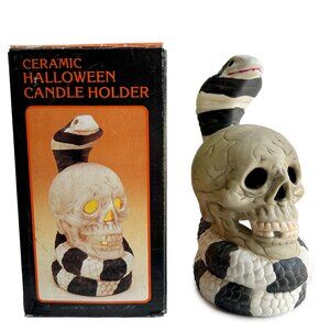 Vintage Halloween Skull and Snake Ceramic Candle Holder
